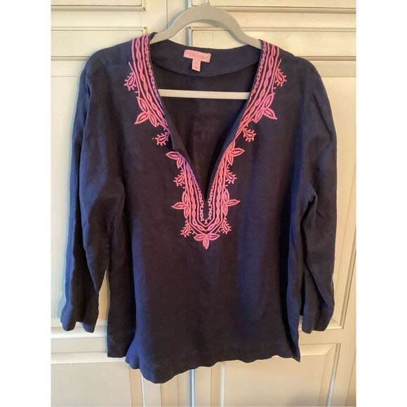 Lilly Pulitzer Amelia Island Top Sz XL 100% Linen Embroidered Blue Pink - Picture 3 of 11